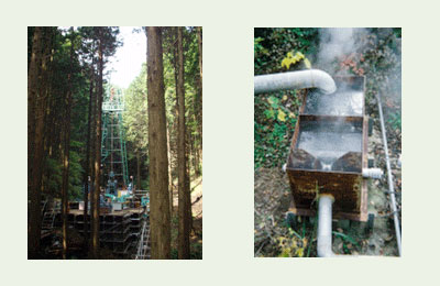 林間部での温泉掘削状況・揚湯試験